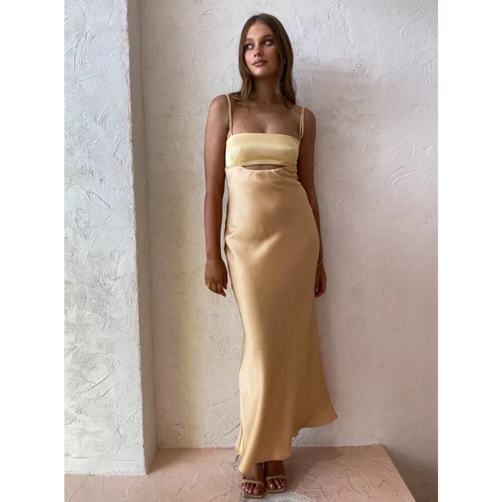 Bec & Bridge Carrie Maxi Dress Yellow Cutout Satin Slip Gown Sleeveless 10 US - Picture 2 of 13